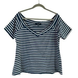 ModCloth V-Neck Nautical Stripe Short Sleeve Cotton T-Shirt Navy White,‎ Size 1X